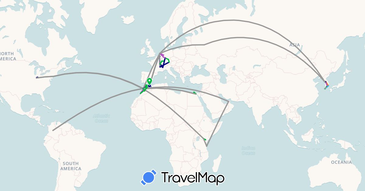 TravelMap itinerary: driving, bus, plane, cycling, train, hiking, boat, hitchhiking in United Arab Emirates, Belgium, Switzerland, Colombia, Germany, Egypt, Spain, France, Kenya, South Korea, Morocco, Netherlands, Russia, Tanzania, United States (Africa, Asia, Europe, North America, South America)
